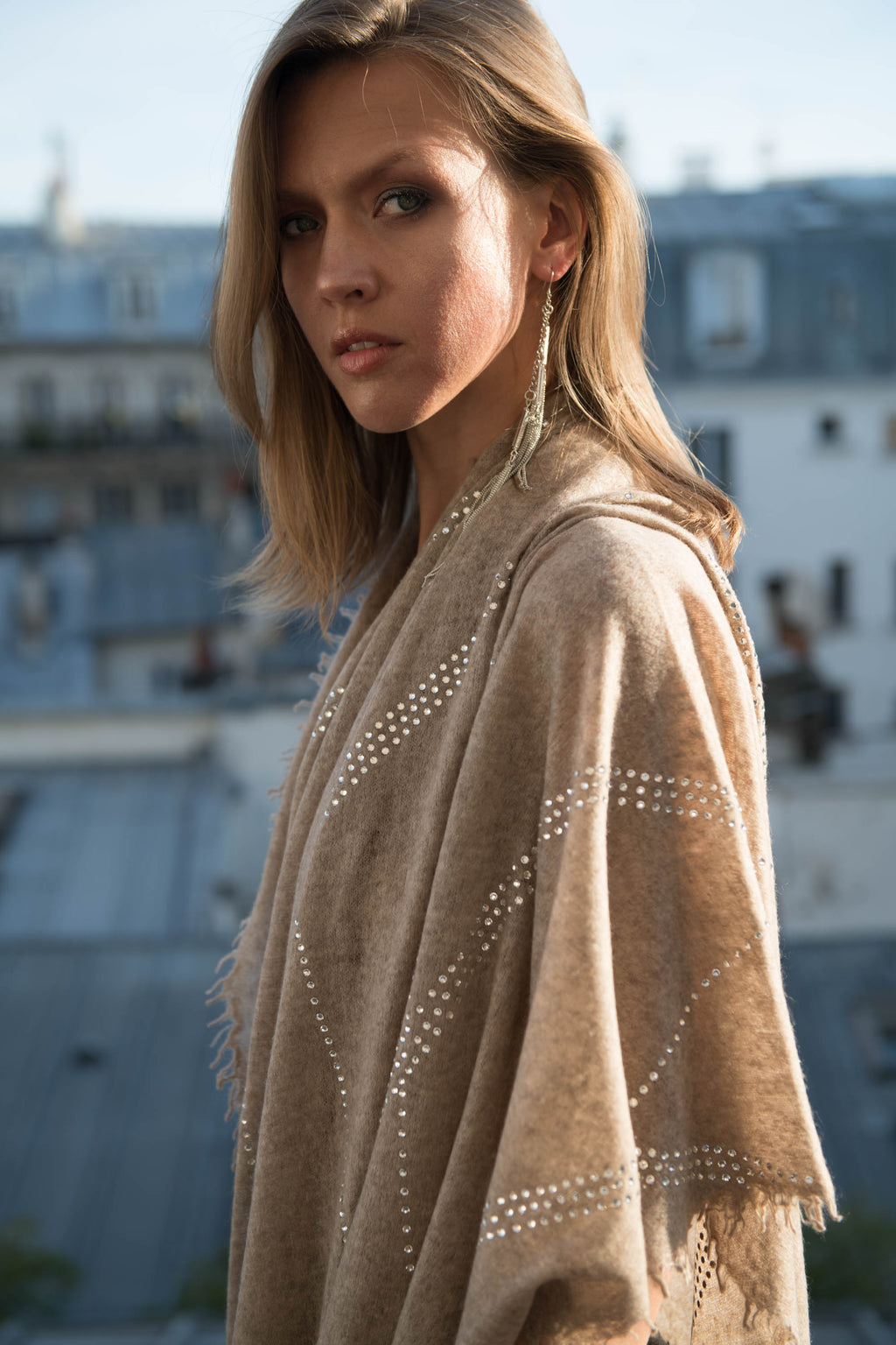 Luminara Crest Swarovski-Adorned Knitted Cashmere Shawl