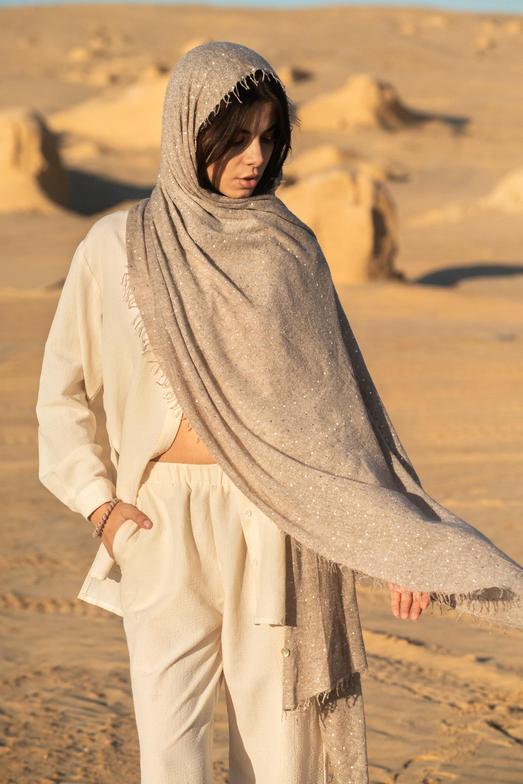 Crystals & Luminous Pearls Knit Cashmere Shawl