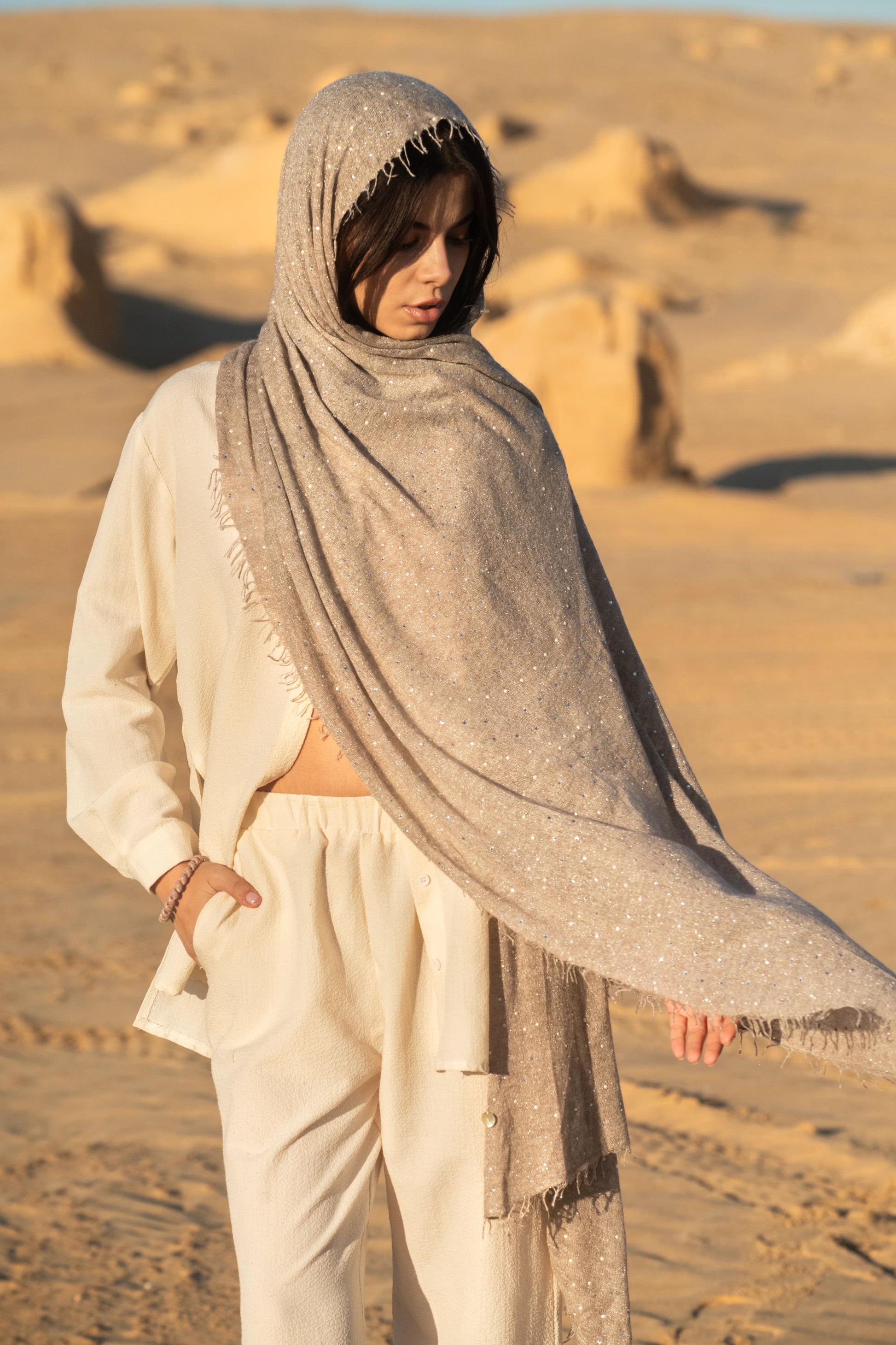 Crystals & Luminous Pearls Cashmere Shawl