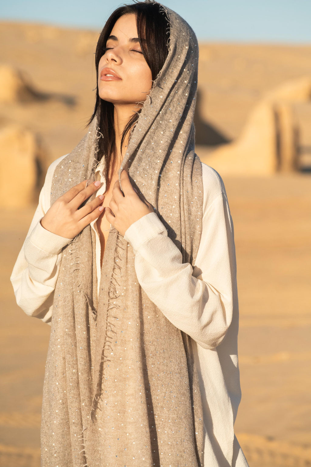 Crystals & Luminous Pearls Knit Cashmere Shawl