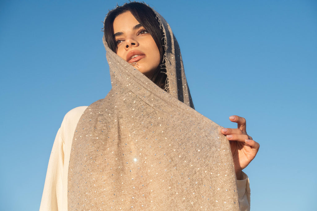 Crystals & Luminous Pearls Knit Cashmere Shawl