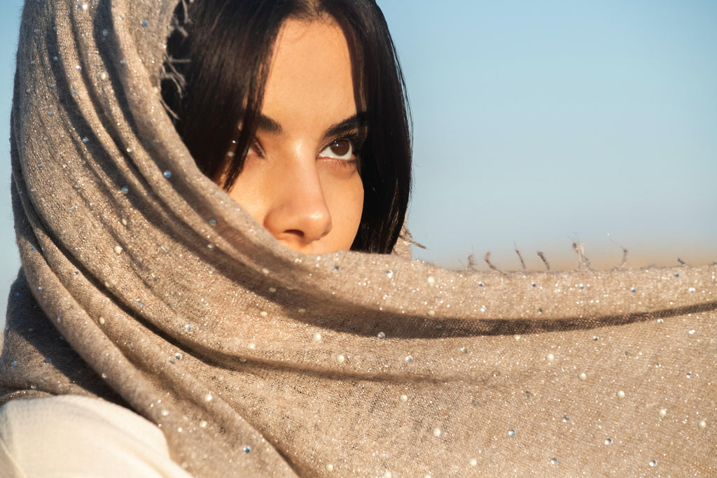 Crystals & Luminous Pearls Knit Cashmere Shawl