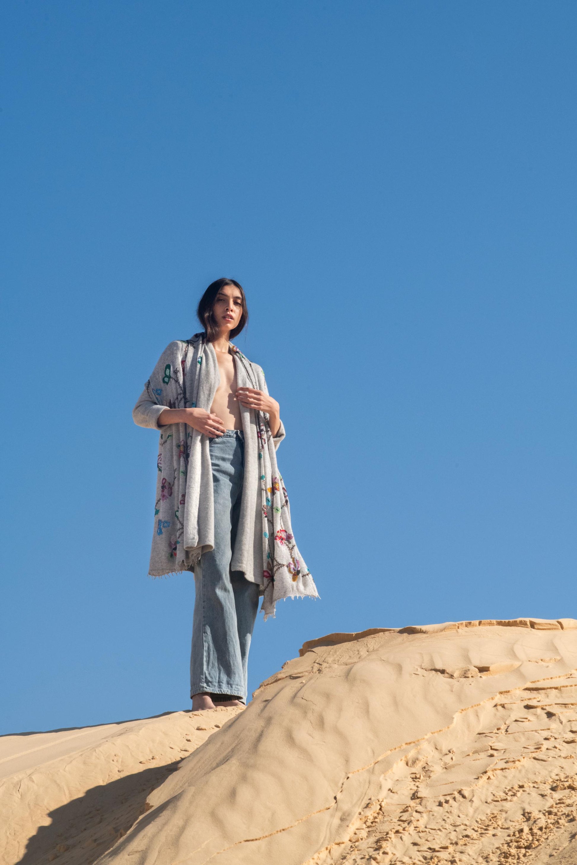 Petal Glow Crystal Embellished Knitted Cashmere Shawl