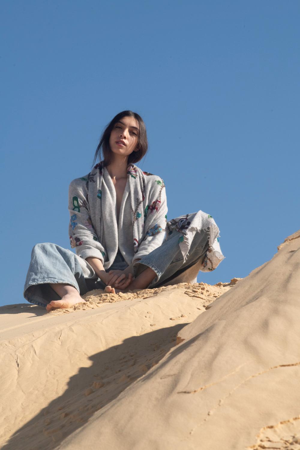 Petal Glow Crystal Embellished Knitted Cashmere Shawl