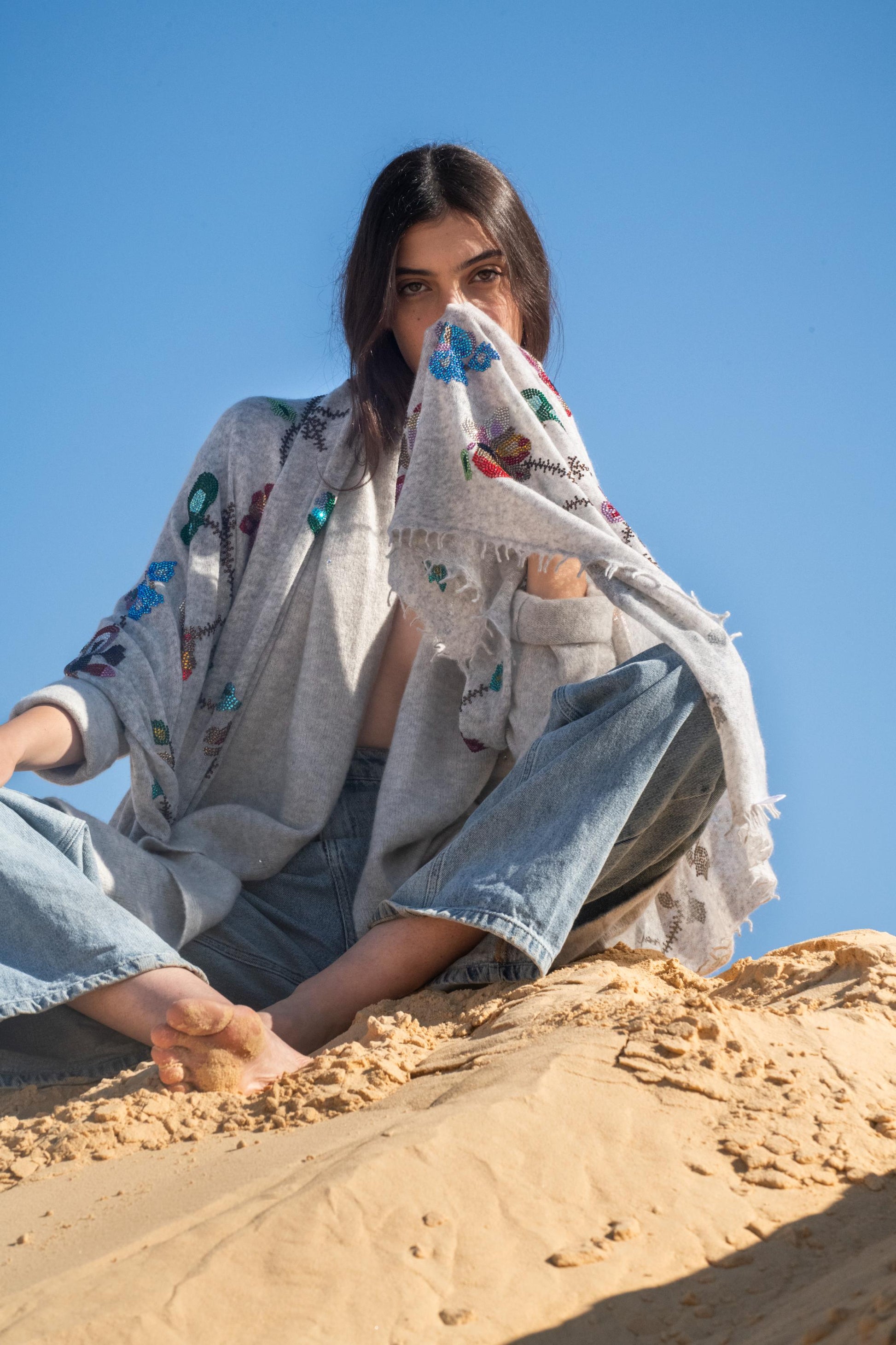 Petal Glow Crystal Embellished Knitted Cashmere Shawl