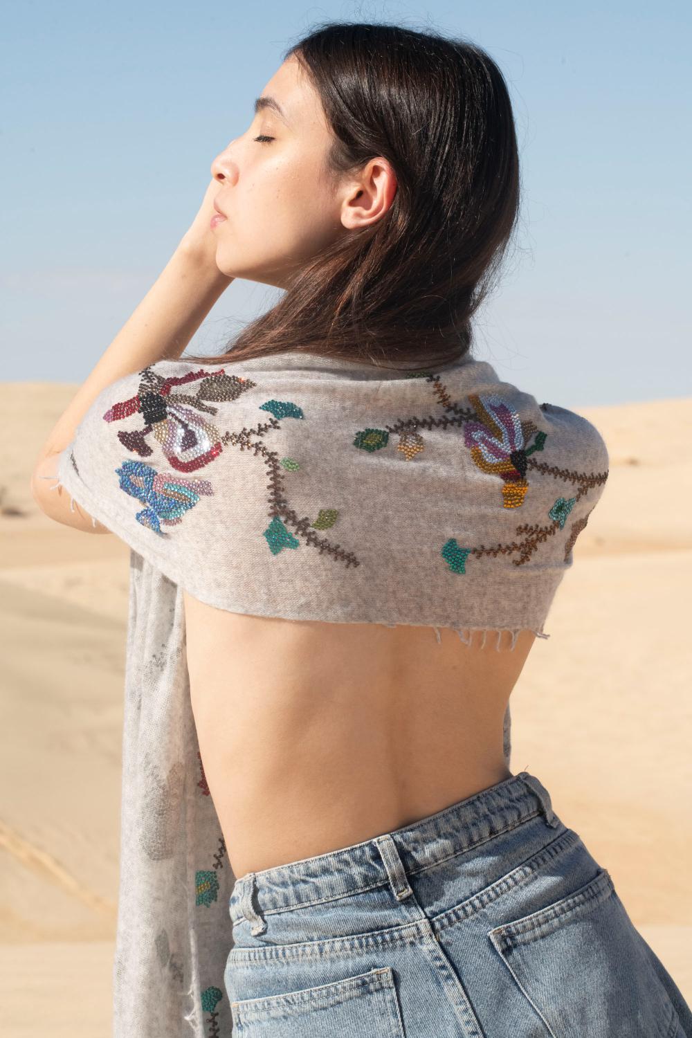 Petal Glow Crystal Embellished Knitted Cashmere Shawl