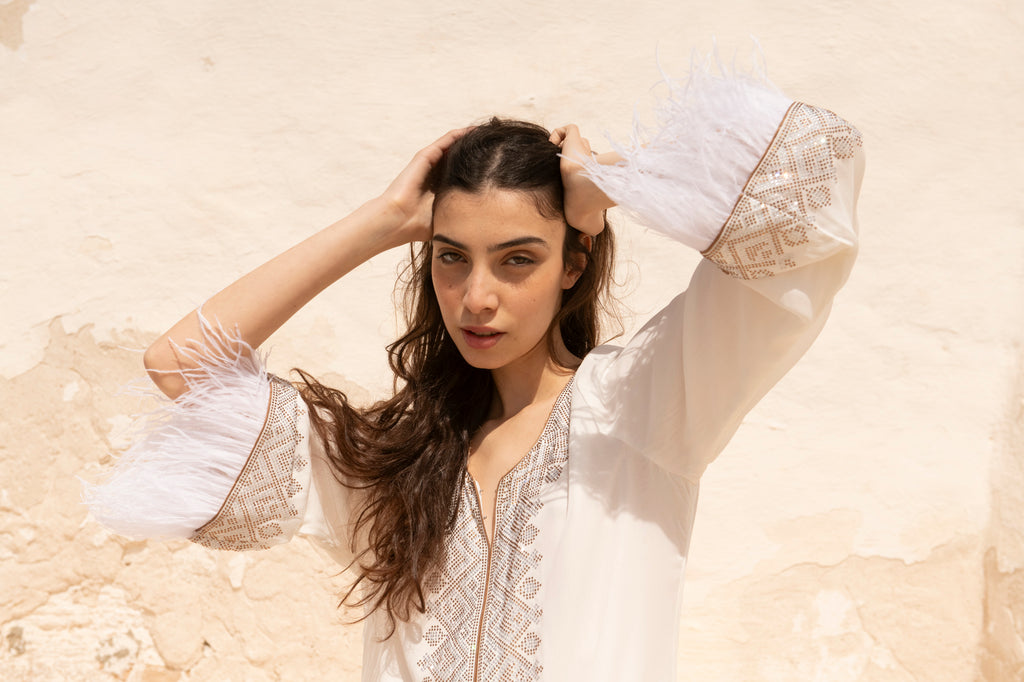 Veloria Feathered Swarovski Couture Kaftan