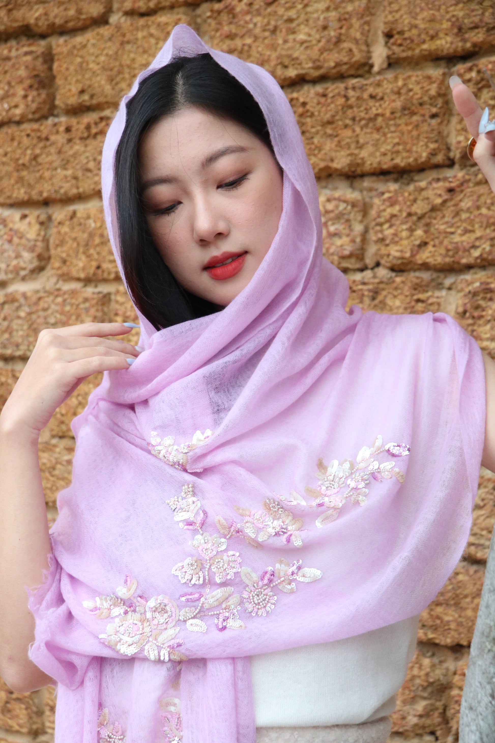 Blush Reverie Floral Sequins Cashmere Stole