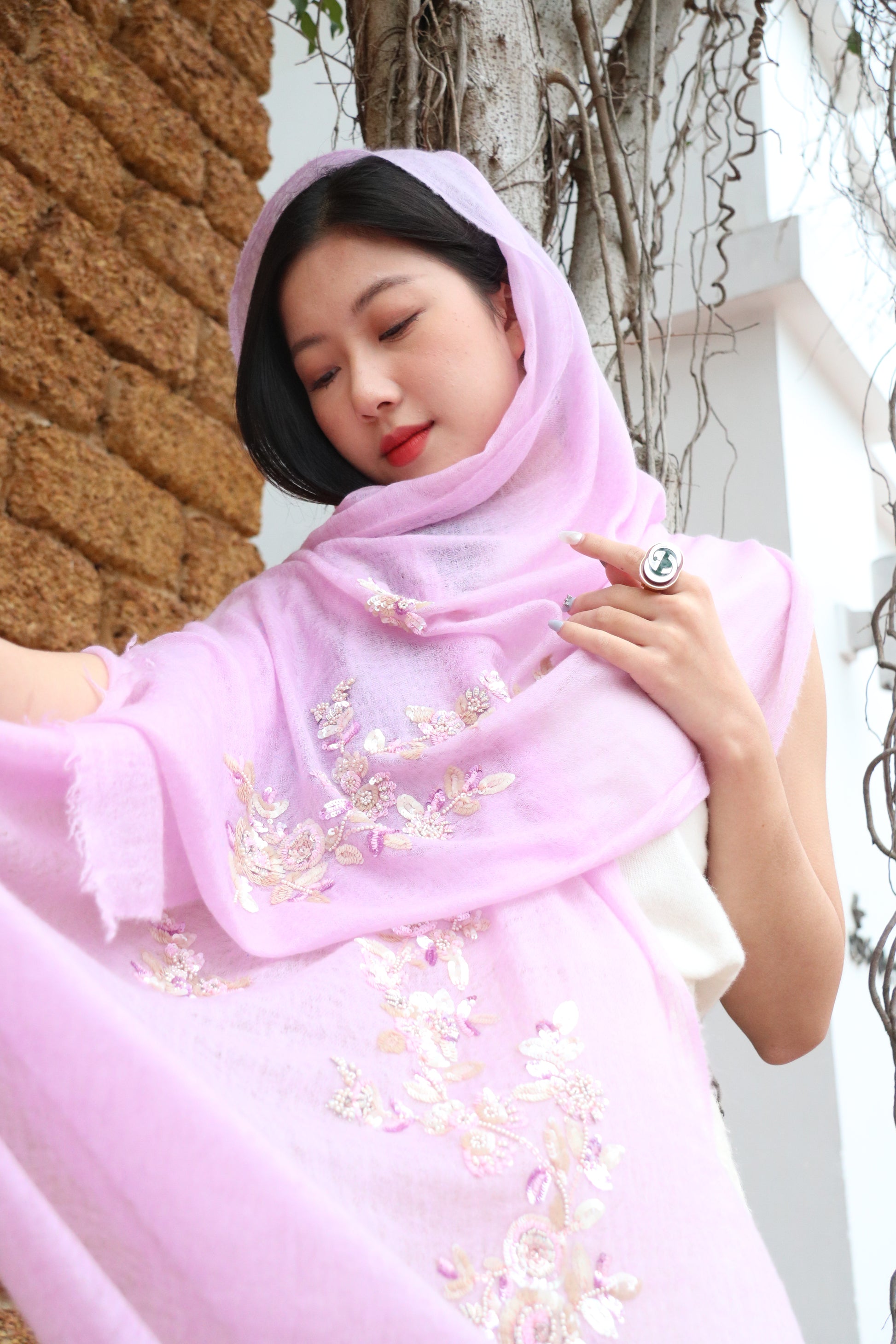 Blush Reverie Floral Sequins Cashmere Stole