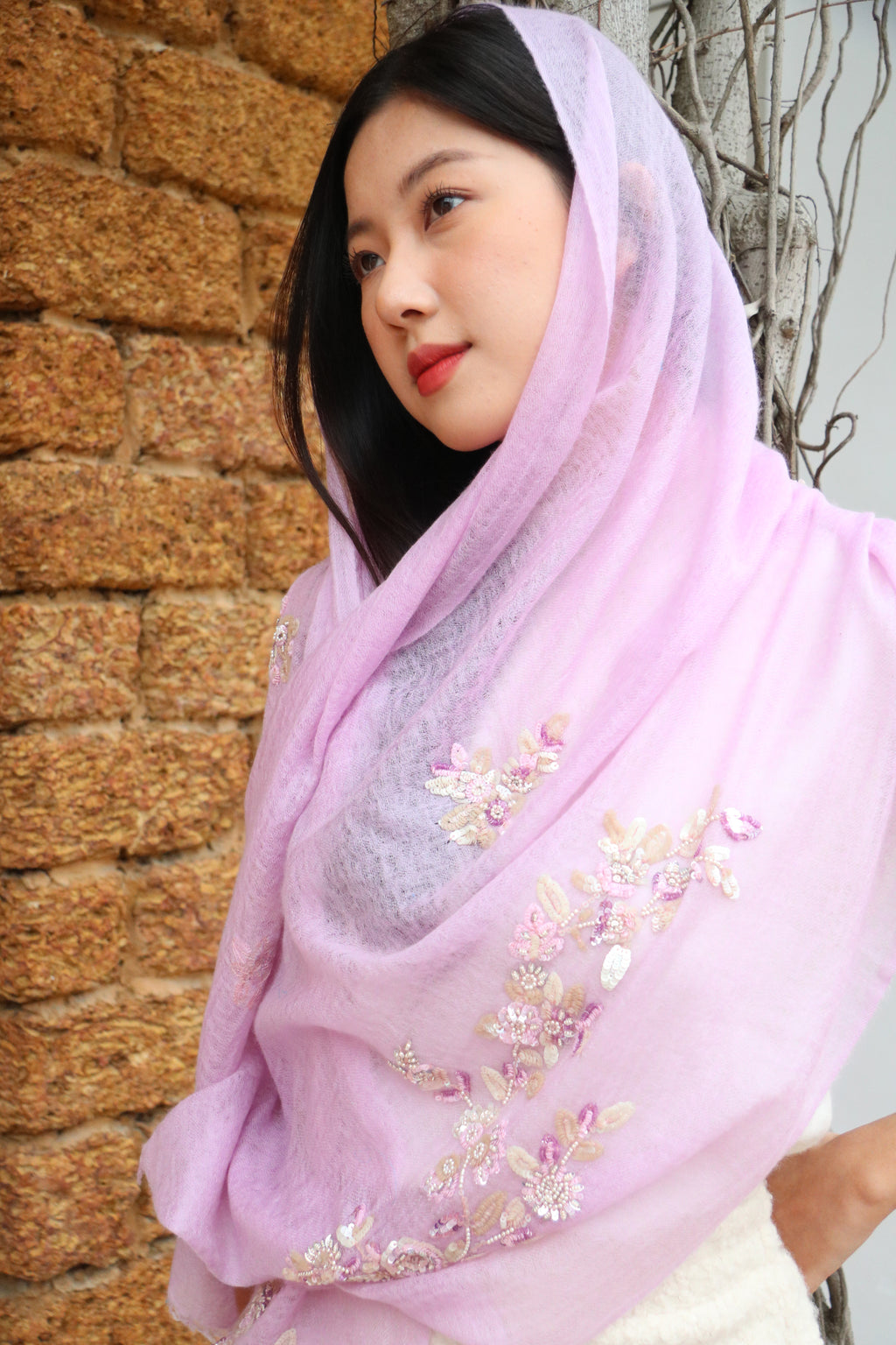 Blush Reverie Floral Sequins Cashmere Stole