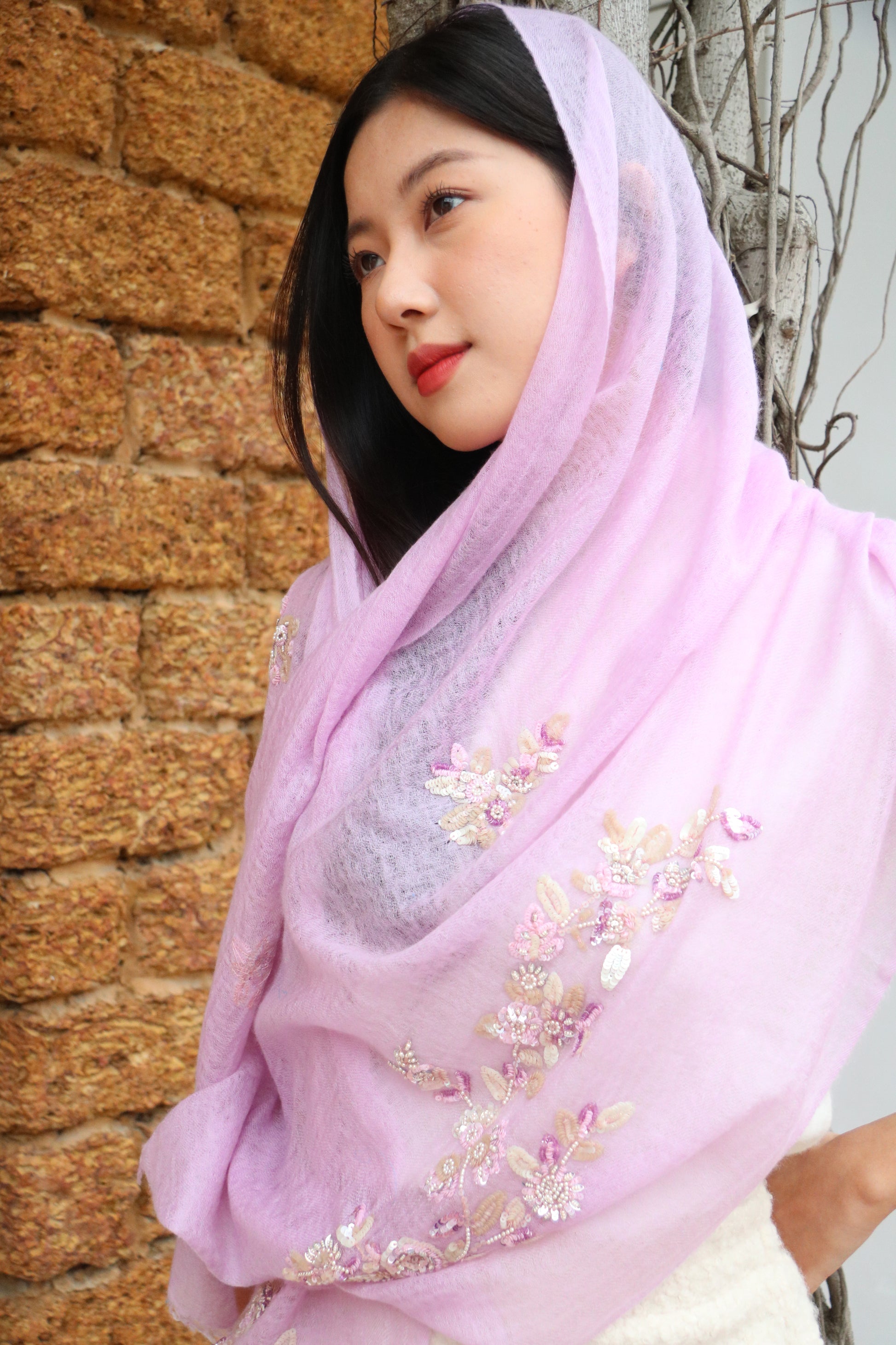 Blush Reverie Floral Sequins Cashmere Stole